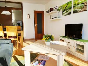 a living room with a table and a tv at Kurhotel Schluchsee App 2313 - Genießer-Apartment mit Südbalkon - mit Indoorpool Schluchsee, Hochschwarzwaldkarte in Schluchsee