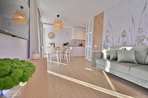 ein Wohnzimmer mit einem Sofa und einer Küche in der Unterkunft Sunset Apartments - Roosevelta - Premium - Garaż in Świnoujście