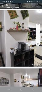 duas fotos de uma cozinha com um balcão num quarto em La posada de nana em Alajuela