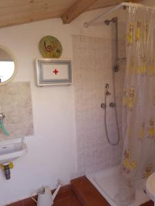 ein Bad mit einer Dusche mit einem roten Kreuz an der Wand in der Unterkunft Casa vacanze Sa Rocchitta in Querce
