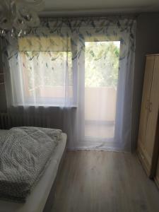 une chambre avec un lit et une grande fenêtre dans l'établissement Studio Niebieskie, à Wałbrzych 2 autres photos