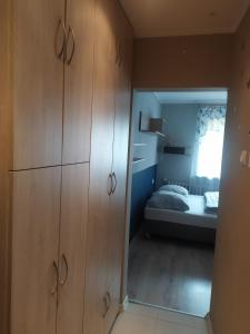 une chambre avec des armoires en bois et un lit dans une pièce dans l'établissement Studio Niebieskie, à Wałbrzych