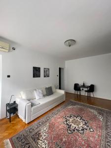 sala de estar con sofá blanco y alfombra en Apartment Mirochka, en Belgrado