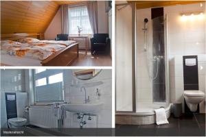 a bathroom with a bed and a shower and a sink at Pension Haus Norddeich Mole in Norddeich