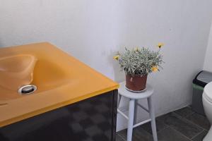 baño con lavabo amarillo y maceta en un taburete en Η αυλή της Ασπασίας, Χανιά Κρήτη, en Lákkoi
