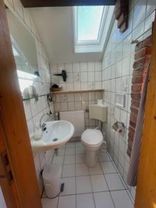 mała łazienka z umywalką i toaletą w obiekcie Landhaus up de Warft - Backhaus w mieście Werdum