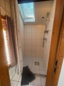 Łazienka z prysznicem i podłogą wyłożoną kafelkami w obiekcie Landhaus up de Warft - Backhaus w mieście Werdum