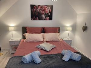 een slaapkamer met een groot bed en 2 handdoeken bij Chambre d'Hôtes Salamandre in Lanvollon