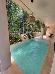a swimming pool in the middle of a house at Little Oasis with private pool in the jungle in Chemuyil