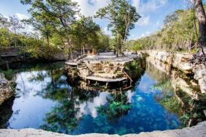 a pool of water with trees and a bridge at Little Oasis with private pool in the jungle in Chemuyil