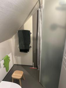 - une petite salle de bains avec une serviette verte suspendue au mur dans l'établissement Östragården, à Sölvesborg