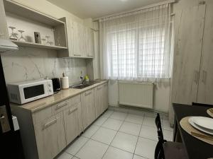 uma pequena cozinha com um micro-ondas e um lavatório em Comfort Apartment em Târgovişte