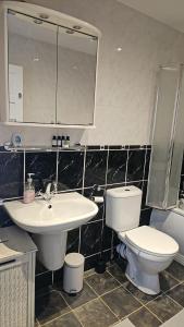 Hayes Deluxe Inn- London, Heathrow Airport في هايس: حمام مع حوض ومرحاض ومرآة