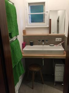 a bathroom with a sink and a green towel at Ferienhaus Matz, Feldberg, Hochschwarzwald in Hinterfalkau