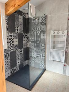 W łazience znajduje się prysznic ze szklanymi drzwiami. w obiekcie Hôtel Camparellu w mieście Galeria