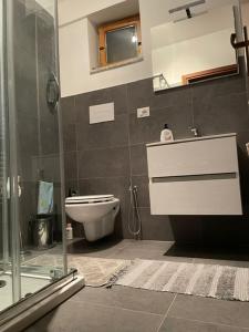een badkamer met een toilet en een glazen douche bij Casa Vacanze Nonna Maria 