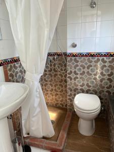 a bathroom with a toilet and a shower curtain at Villa Venturini in Trecase