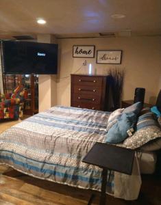a bedroom with a bed and a tv and a dresser at PRIVATE ENTRANCE APT RooM #4 in Dallas