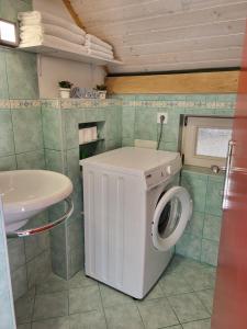 eine Waschmaschine im Bad mit Waschbecken in der Unterkunft Babičina hišica in Mišji Dol