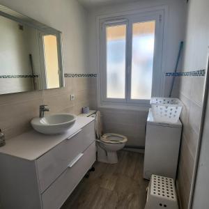a bathroom with a sink and a toilet and a window at Beach Front Apartment Eljocri in Capbreton