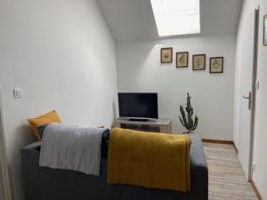 salon z kanapą i telewizorem w obiekcie La Requeyrie w mieście Montignac
