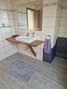 a bathroom with a sink and a mirror at Landhaus Dreibirken in Rothenburg ob der Tauber