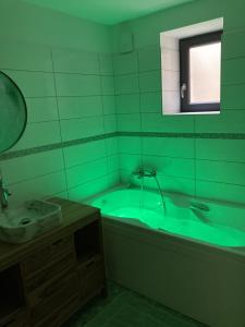 zieloną łazienkę z wanną i umywalką w obiekcie Chambre d'hôtes Bambou- A l'Ombre des Tilleuls w mieście Lagorce