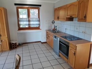 una cocina con armarios de madera y un horno de fogón azul en Zum Gänseglück, en Reut