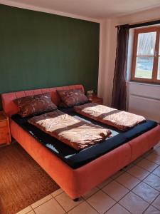 a sofa bed in a room with a green wall at Zum Gänseglück in Reut