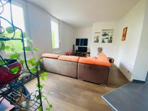 una sala de estar con un sofá naranja en una habitación en Appartement spacieux et confortable, en Valence