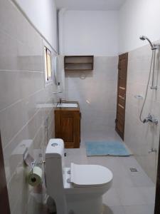a white bathroom with a toilet and a shower at La Georgeanne in Mbour