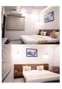 two pictures of a bedroom with two beds at Hotel Abhilasha inn in Pachmarhī