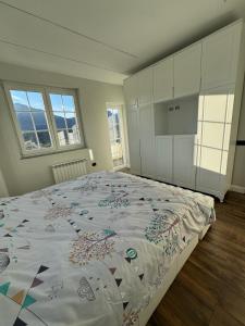 a bedroom with a large bed in a room with windows at Villa Morina in Tropojë