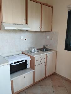 a small kitchen with a sink and a microwave at LEONIDAS in Káto Vasilikí +18 photos