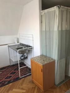 a kitchen with a sink and a table in a room at Szalonka apartman in Budakalász