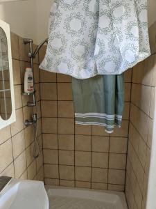 ein Bad mit einem Handtuch, das an einer Dusche hängt in der Unterkunft Attico Nel Verde - Bonsignore in Tricase