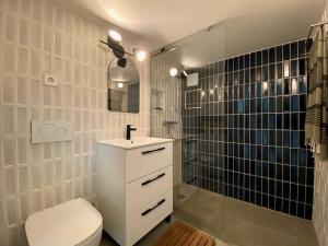 La salle de bains est pourvue de toilettes, d'un lavabo et d'une douche. dans l'établissement Grande maison hyper centre Versailles, à Versailles