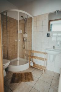a bathroom with a shower and a toilet and a sink at Willa Baca in Duszniki Zdrój