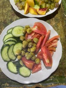 due piatti di frutta e verdura su un tavolo di Rupa Guest House a Theth