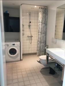 a bathroom with a washing machine and a sink at Canal view In City in Copenhagen