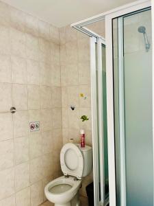 a bathroom with a toilet and a shower at Casa BB&Djassi in Ponta do Sol