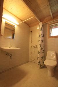 a bathroom with a toilet and a sink and a shower at Vinje Camping in Geiranger