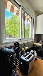 a kitchen with a stove and a window in it at Studio tout confort gare de Lyon - possibilité parking in Paris