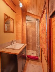 La salle de bains est pourvue d'un lavabo et d'une douche. dans l'établissement Hillside Bungalows, à Banff