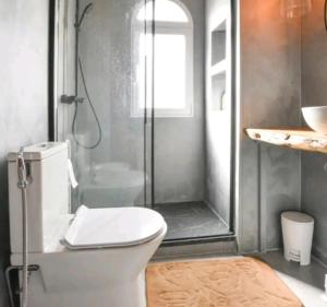 a bathroom with a shower and a toilet and a sink at The three bedrooms Casa Barta - 300m from the beach with a beatiful see view from the terrace and private parking in San Juan de los Terreros +15 photos