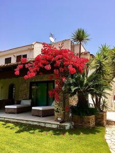 Um edifício com um ramo de flores vermelhas. em Villa Margherita em Santa Margherita di Pula