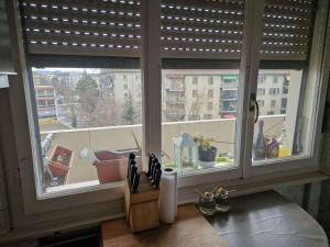 a kitchen window with a view of a city at Appartement meublé 1,5 p. Genève in Geneva