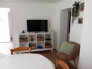 a living room with a tv and two chairs at gite du puits in Bernières-dʼAilly