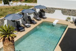 a swimming pool with umbrellas and chairs and a palm tree at Vammos Luxury Apartments in Naousa