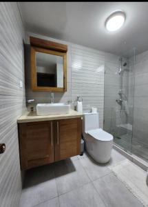 a bathroom with a sink and a toilet and a shower at Cristamar Condominium "Cozy Oasis, Adorable" in Cabarete